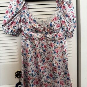 For Love and Lemons Floral Puff Sleeve Midi Dress - Pink & Blue Flowers